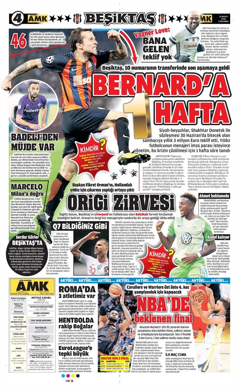 30 Mayıs 2018 | Gazetelerin Beşiktaş Manşetleri