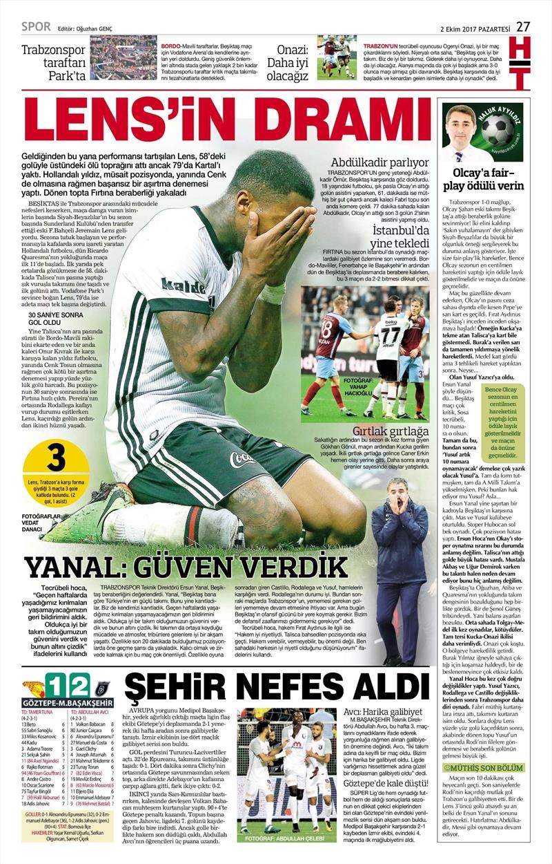 02 Ekim 2017 | Gazetelerin Beşiktaş Manşetleri - Görsel 13