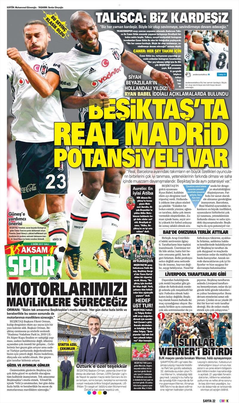 03 Ekim 2017 | Gazetelerin Beşiktaş Manşetleri - Görsel 1