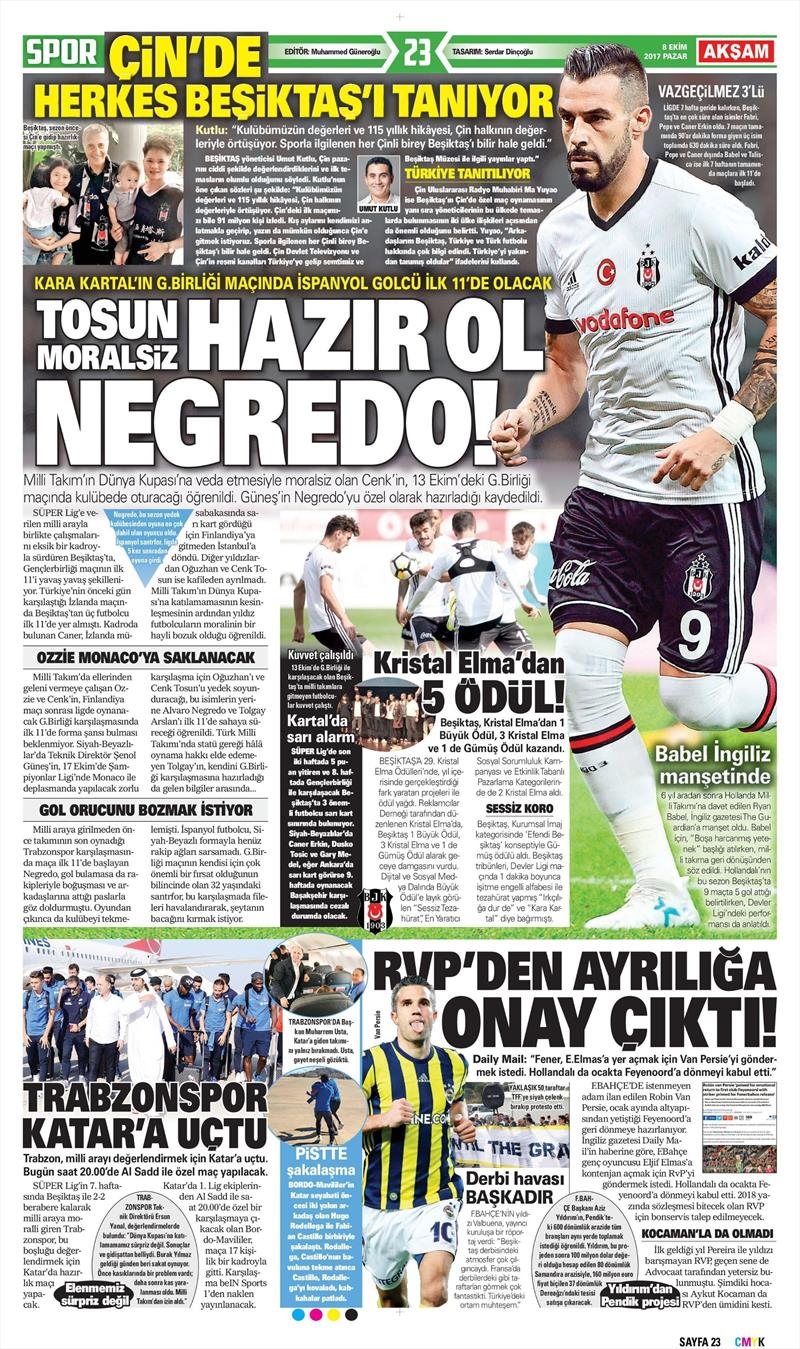 08 Ekim 2017 | Gazetelerin Beşiktaş Manşetleri - Görsel 1
