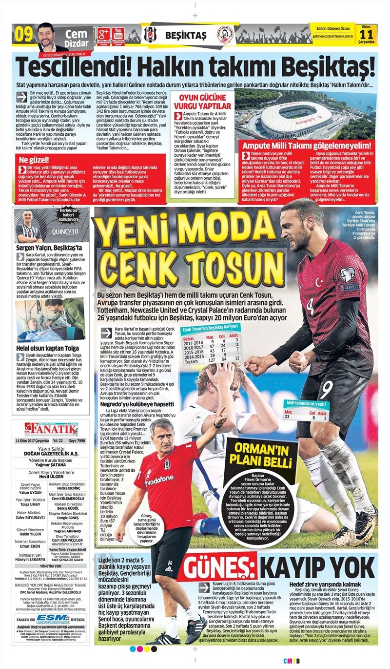 11 Ekim 2017 | İşte gazetelerin Beşiktaş manşetleri - Görsel 1
