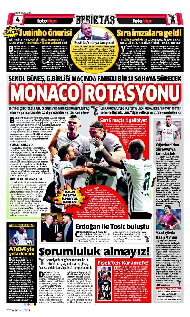 12 Ekim 2017 | İşte gazetelerin Beşiktaş manşetleri - Görsel 9