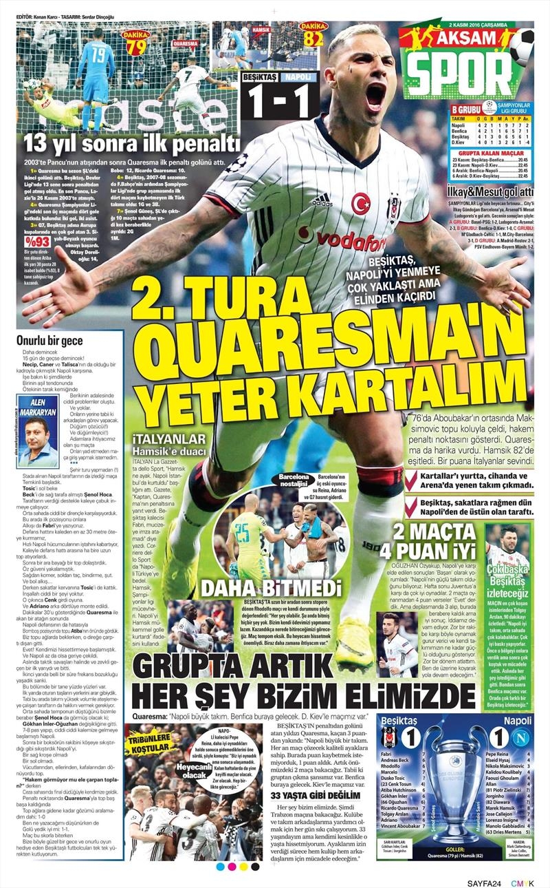 2 Kasım 2016 | Gazetelerin Beşiktaş sayfaları - Görsel 1