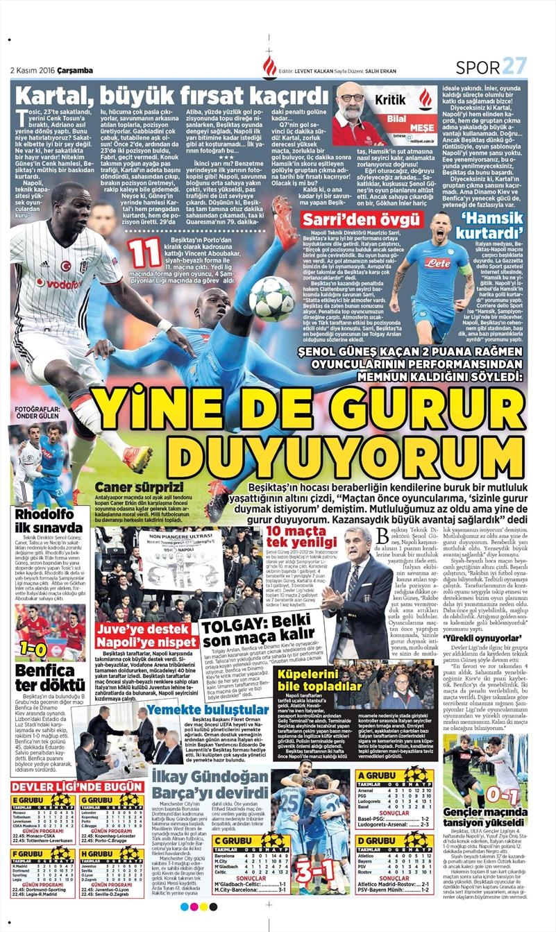 2 Kasım 2016 | Gazetelerin Beşiktaş sayfaları - Görsel 17
