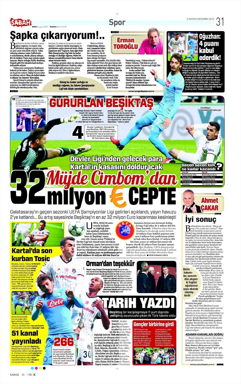 2 Kasım 2016 | Gazetelerin Beşiktaş sayfaları - Görsel 23