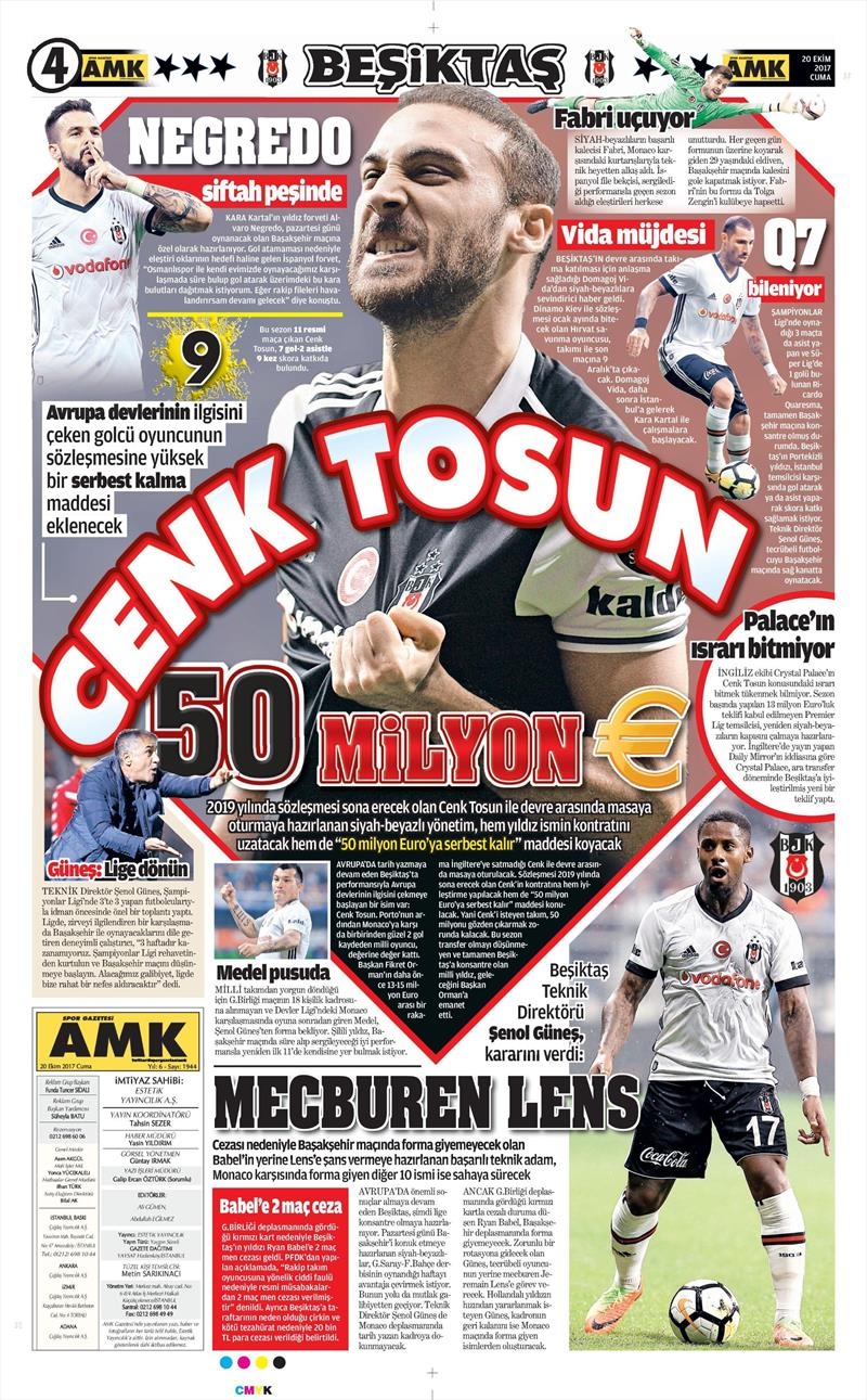 20 Ekim 2017 | Gazetelerin Beşiktaş Manşetleri - Görsel 1
