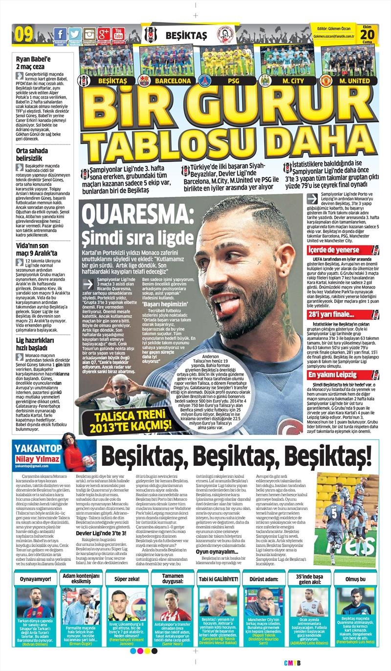 20 Ekim 2017 | Gazetelerin Beşiktaş Manşetleri - Görsel 3