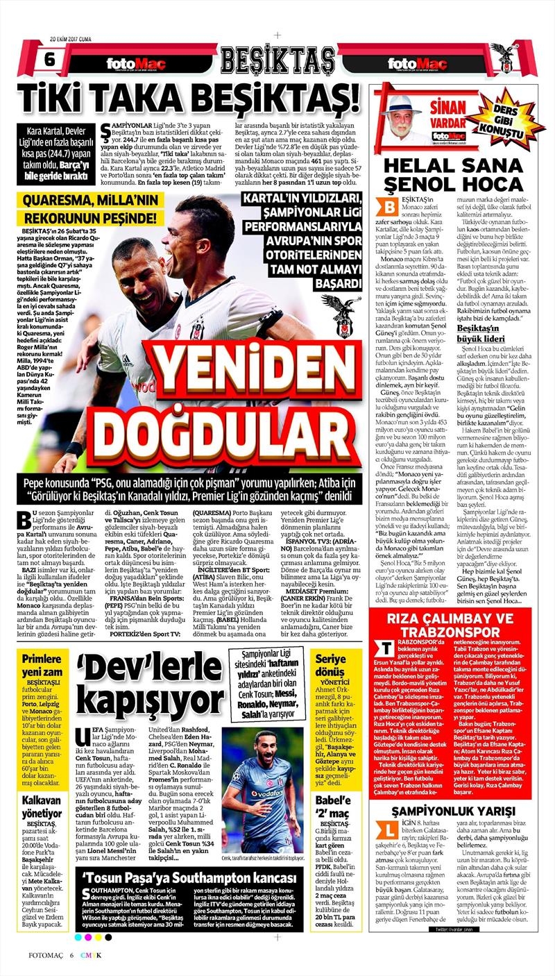 20 Ekim 2017 | Gazetelerin Beşiktaş Manşetleri - Görsel 4
