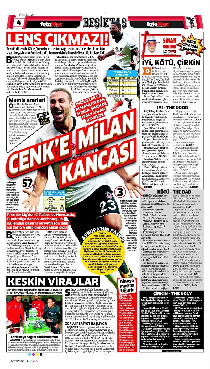 27 Ekim 2017 | İşte gazetelerin Beşiktaş manşetleri - Görsel 1