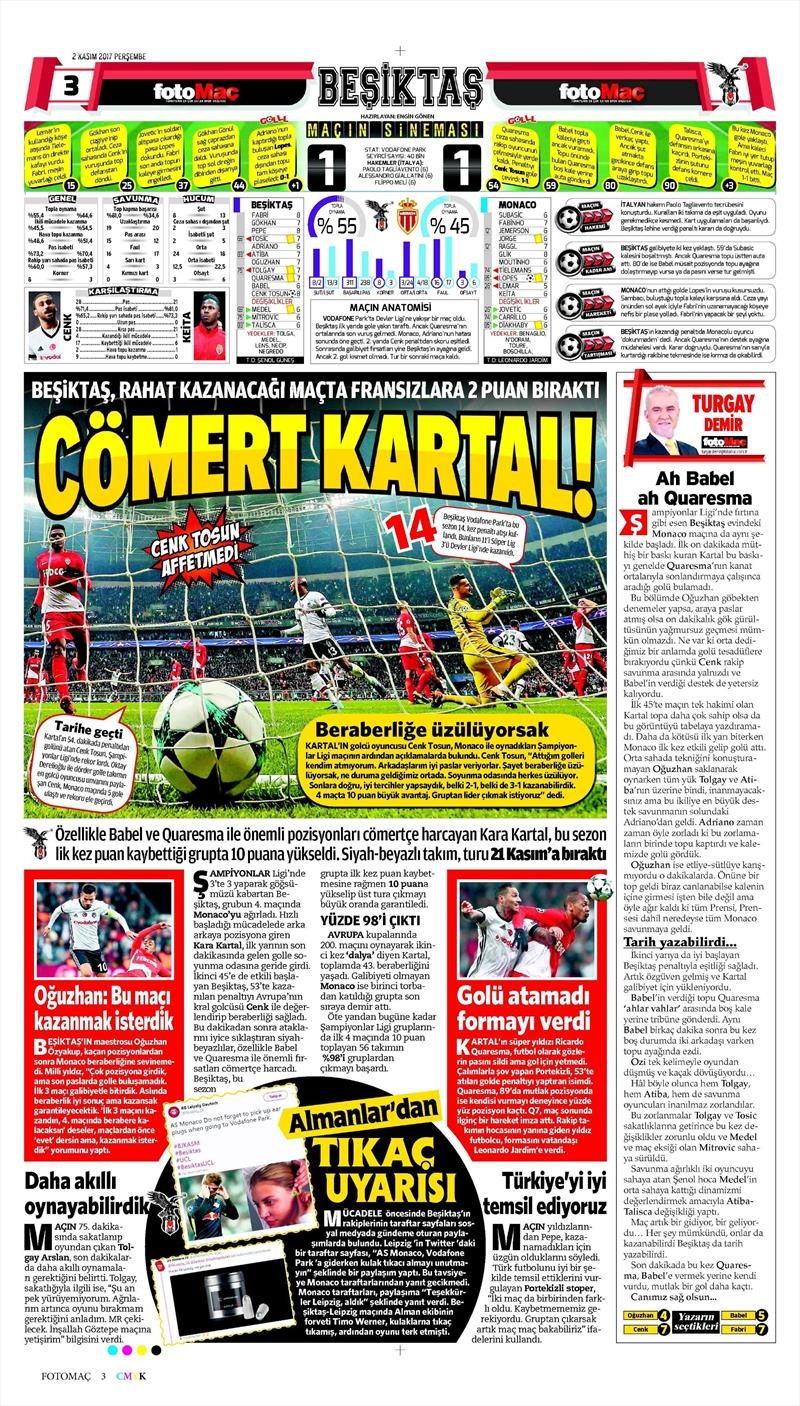 2 Kasım 2017 | Gazetelerin Beşiktaş Manşetleri - Görsel 14
