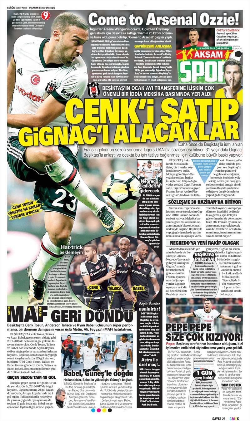 08 Kasım 2017 | Gazetelerin Beşiktaş Manşetleri - Görsel 1