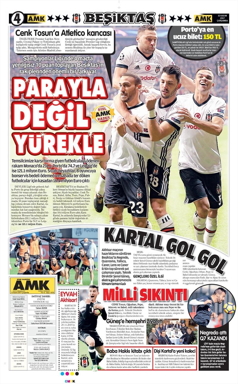 15 Kasım 2017 | Gazetelerin Beşiktaş Manşetleri - Görsel 1