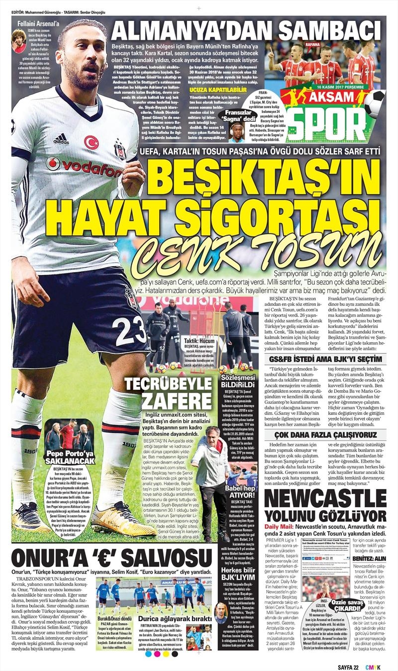 16 Kasım 2017 | Gazetelerin Beşiktaş Manşetleri - Görsel 1