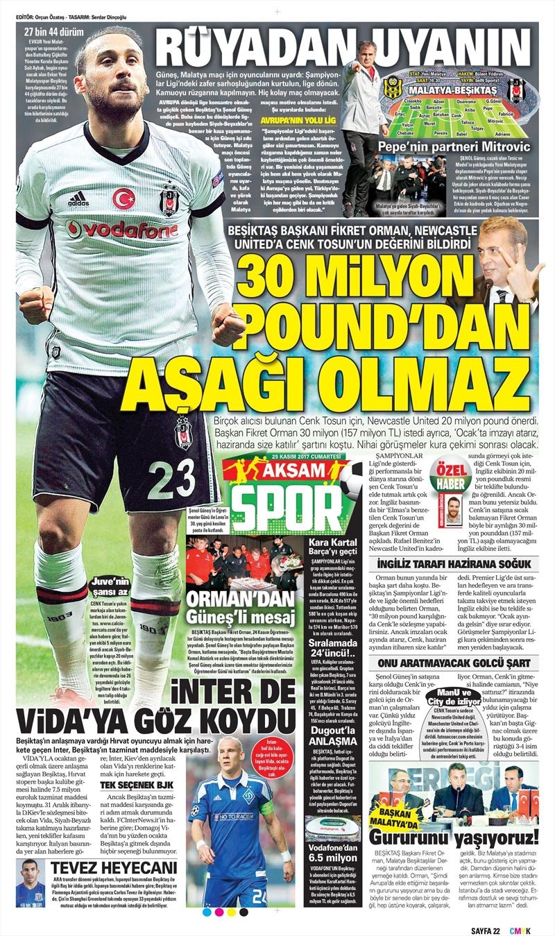 25 Kasım 2017 | Gazetelerin Beşiktaş Manşetleri - Görsel 7