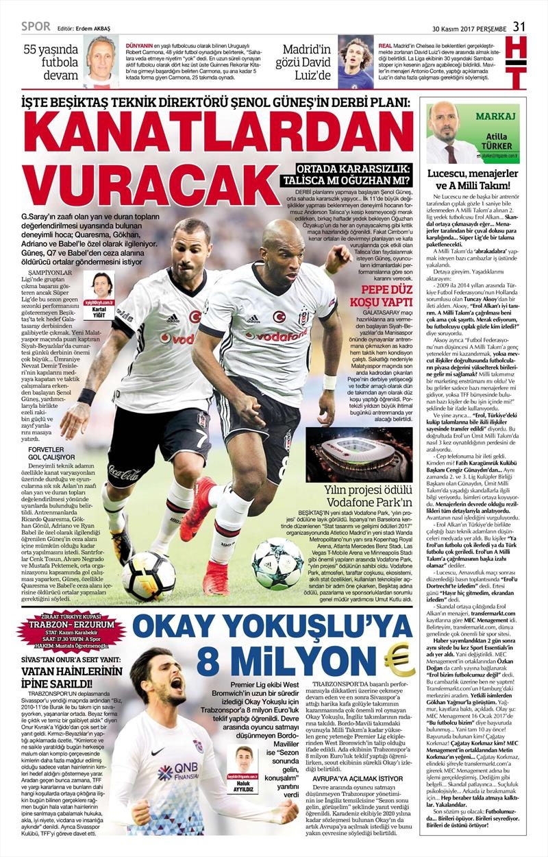 30 Kasım 2017 | Gazetelerin Beşiktaş Manşetleri - Görsel 5