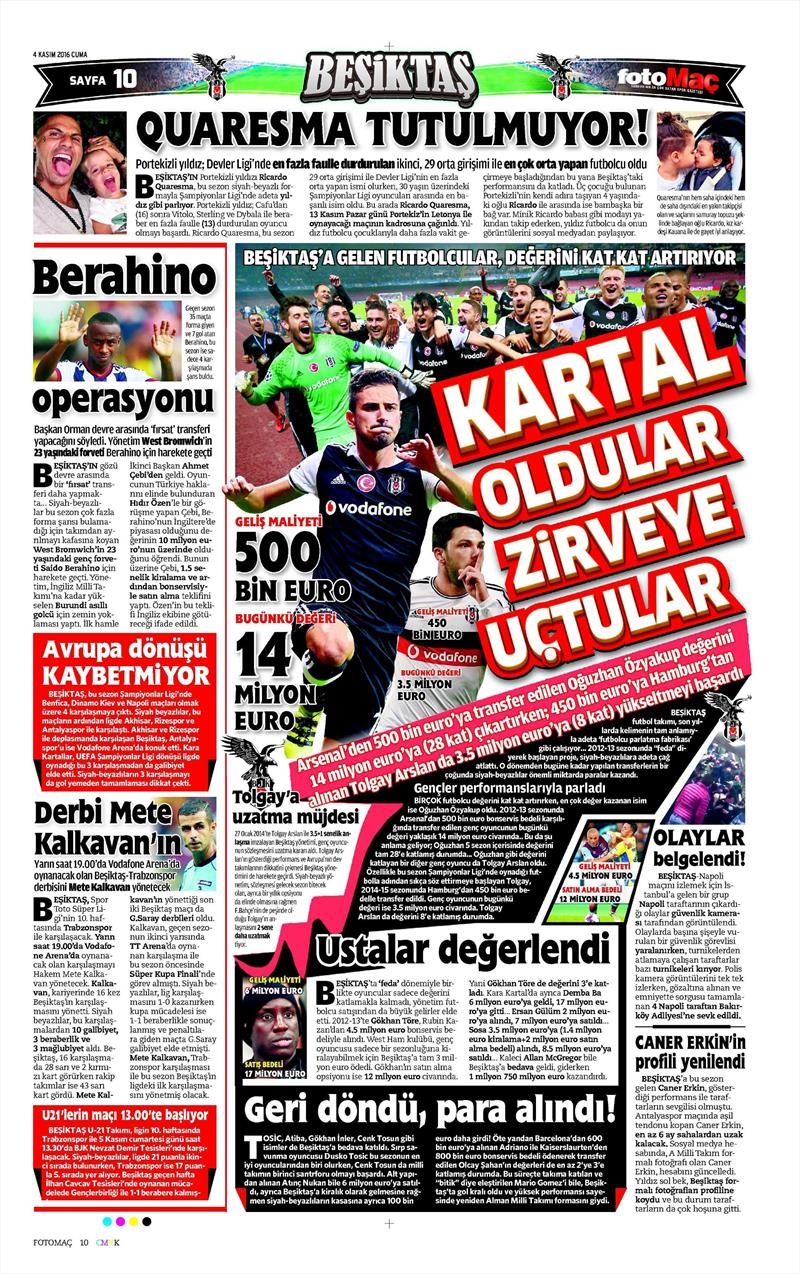 4 Kasım 2016 | Gazetelerin Beşiktaş sayfaları - Görsel 2