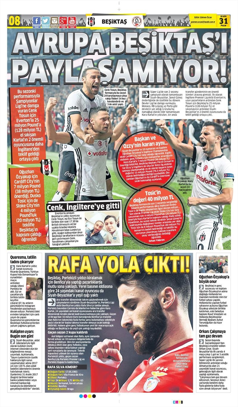 31 Aralık 2017 | Gazetelerin Beşiktaş Manşetleri - Görsel 1