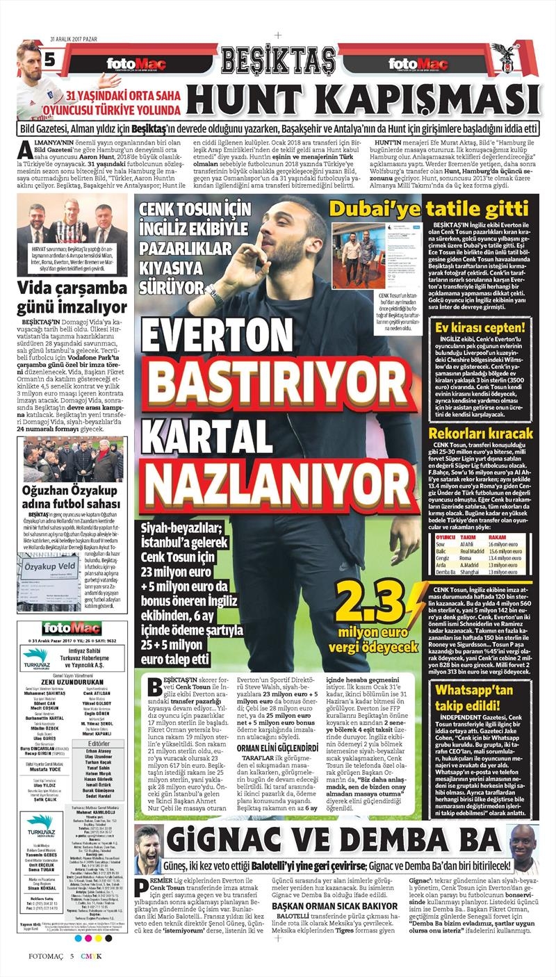 31 Aralık 2017 | Gazetelerin Beşiktaş Manşetleri - Görsel 3