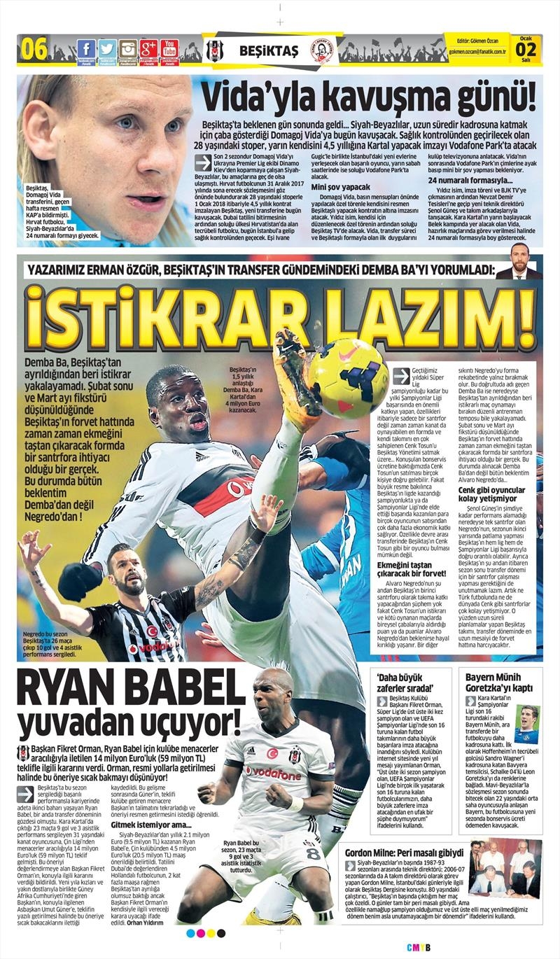 2 Ocak 2018 | Gazetelerin Beşiktaş Manşetleri - Görsel 1