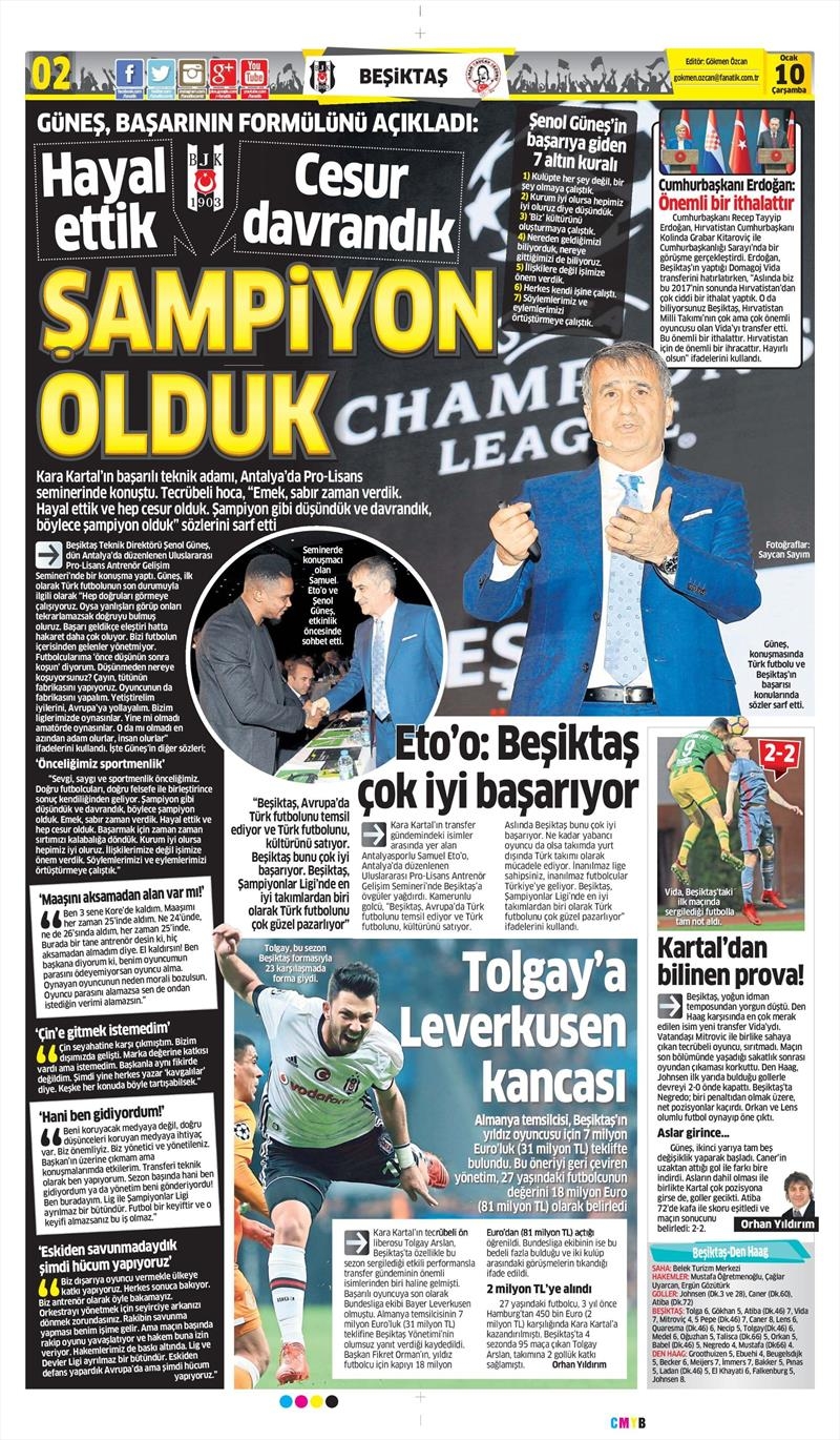 10 Ocak 2018 | Gazetelerin Beşiktaş Manşetleri - Görsel 2