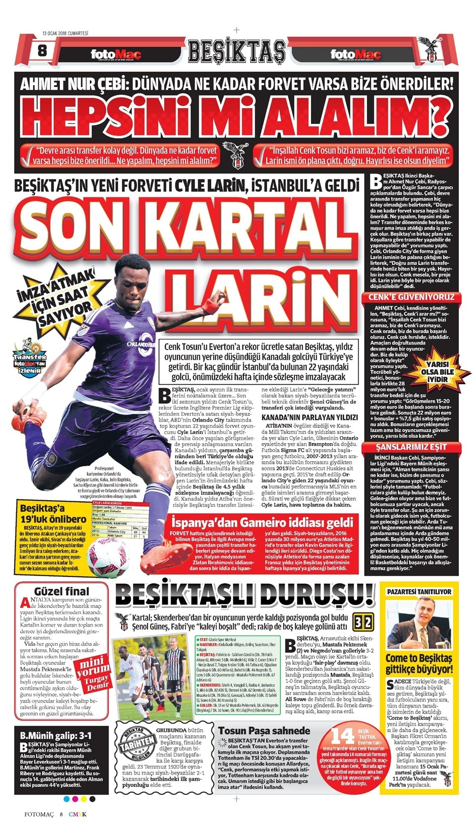 13 Ocak 2018 | Gazetelerin Beşiktaş Manşetleri - Görsel 2