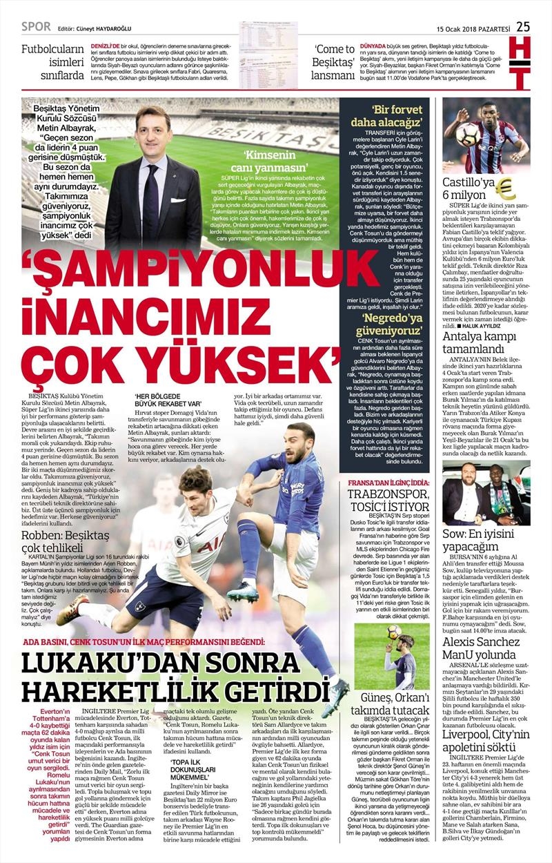 15 Ocak 2018 | Gazetelerin Beşiktaş Manşetleri - Görsel 5