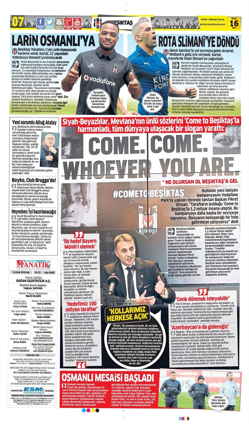 16 Ocak 2018 | Gazetelerin Beşiktaş Manşetleri - Görsel 1