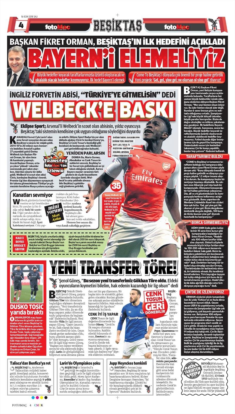16 Ocak 2018 | Gazetelerin Beşiktaş Manşetleri - Görsel 4