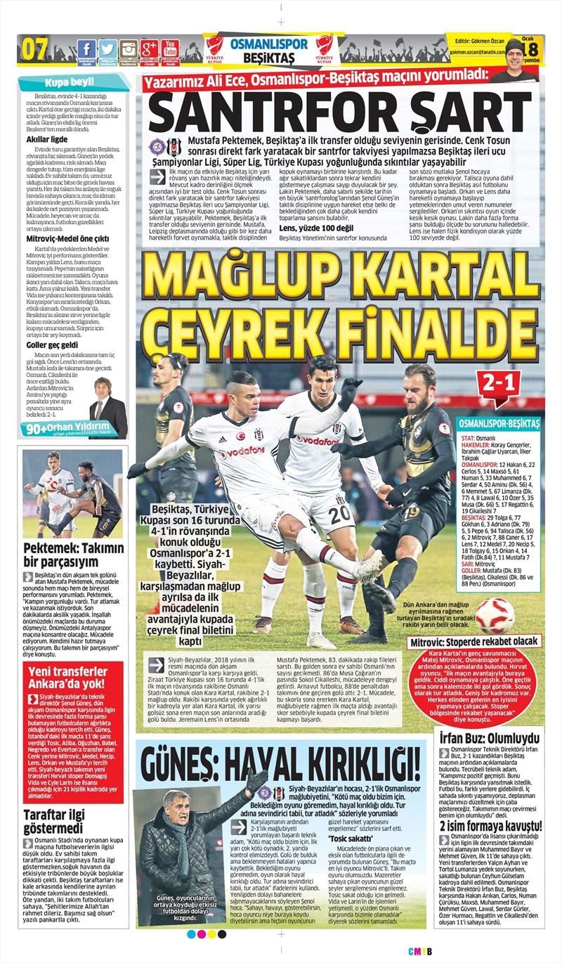 18 Ocak 2018 | Gazetelerin Beşiktaş Manşetleri - Görsel 1