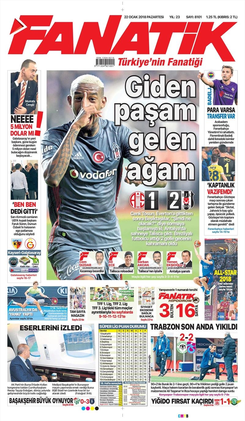 22 Ocak 2018 | Gazetelerin Beşiktaş Manşetleri - Görsel 1