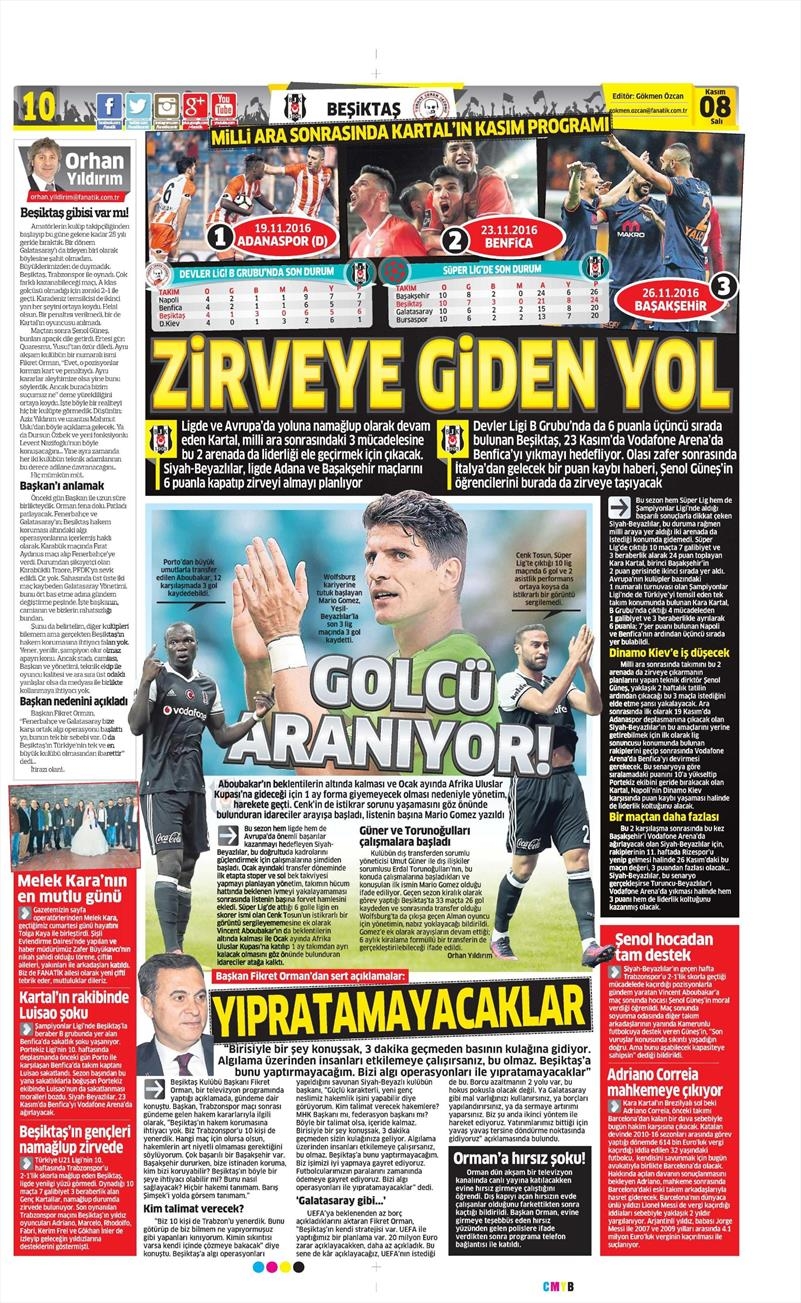 8 Kasım 2016 | Gazetelerin Beşiktaş sayfaları - Görsel 1