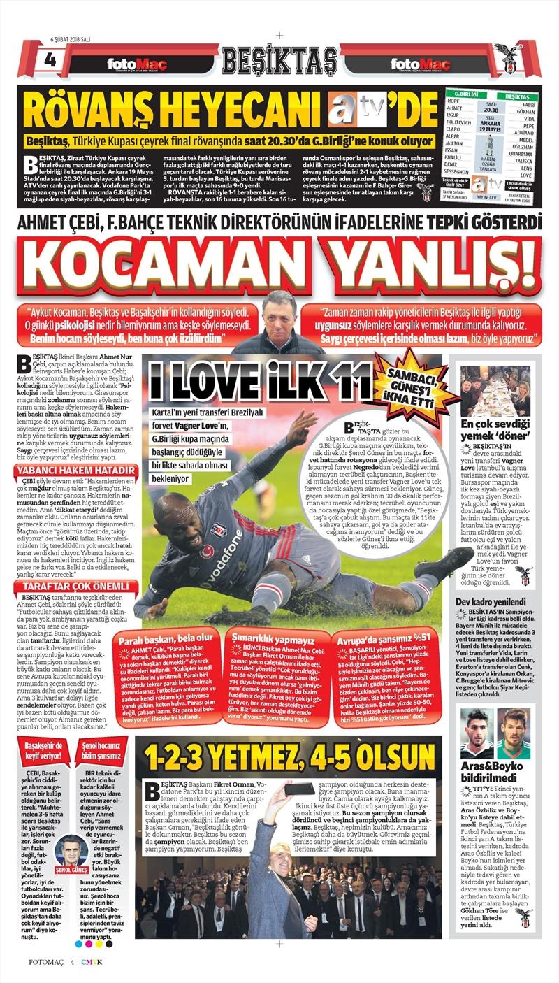 06 Şubat 2018 | Gazetelerin Beşiktaş Manşetleri - Görsel 5