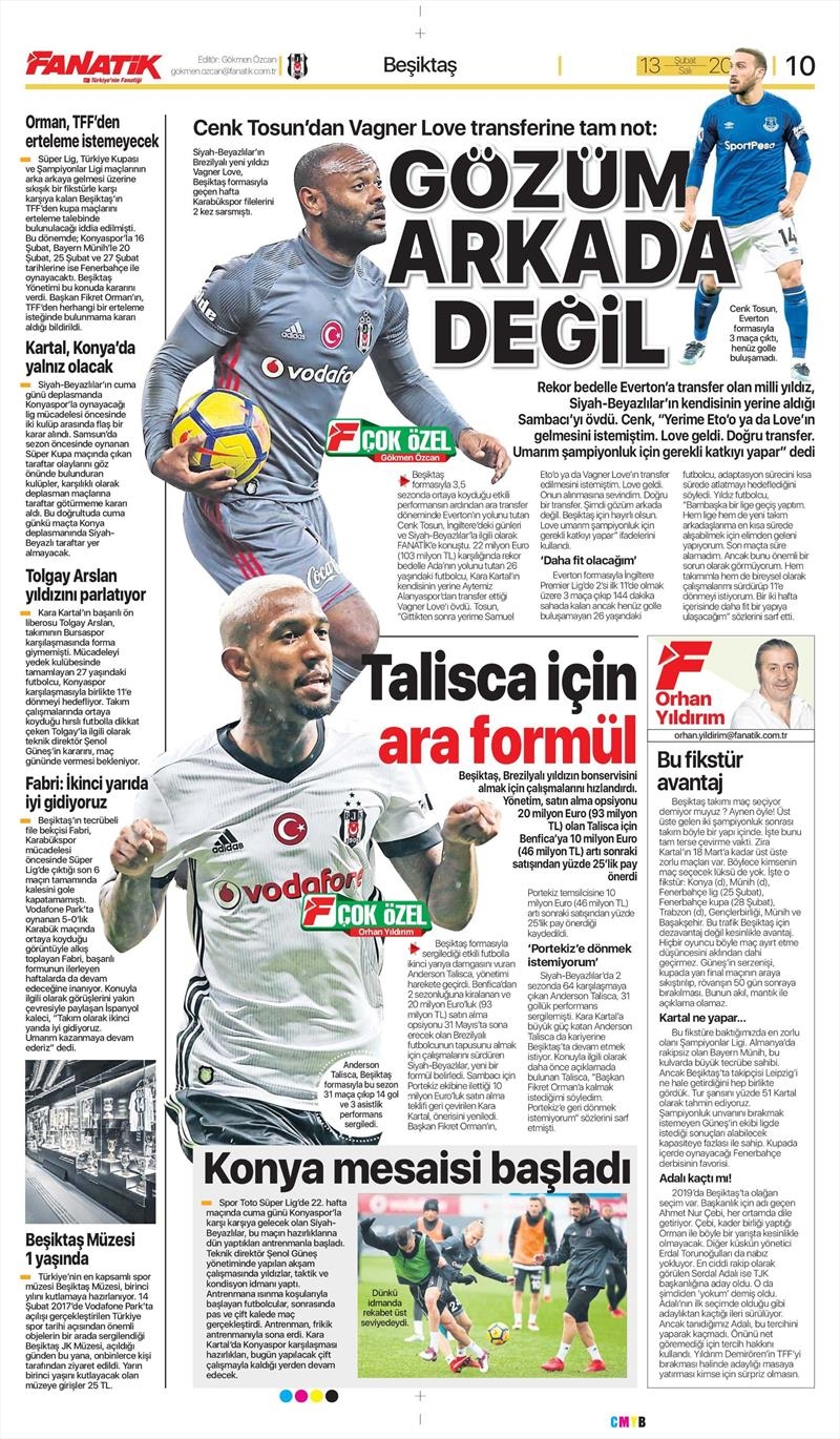 13 Şubat 2018 | Gazetelerin Beşiktaş Manşetleri - Görsel 1