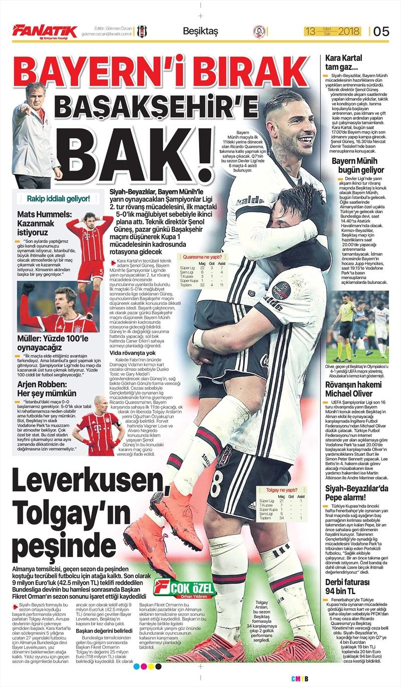 13 Mart 2018 | Gazetelerin Beşiktaş Manşetleri - Görsel 1