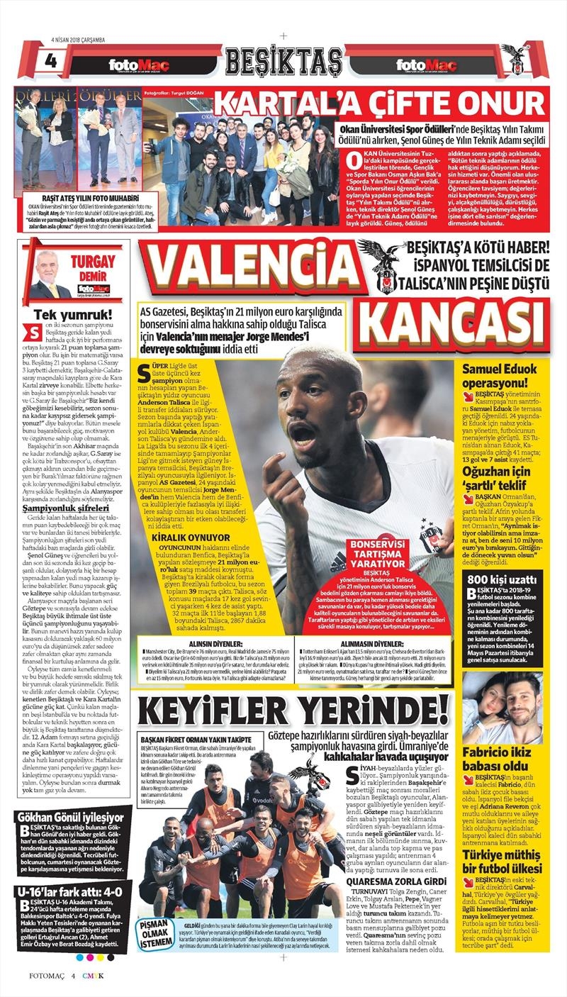 4 Nisan 2018 | Gazetelerin Beşiktaş Manşetleri - Görsel 7
