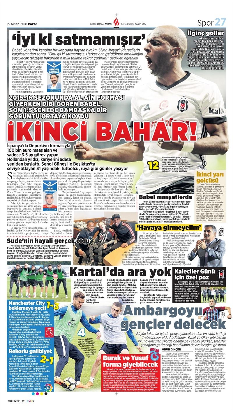 15 Nisan 2018 | Gazetelerin Beşiktaş Manşetleri - Görsel 4