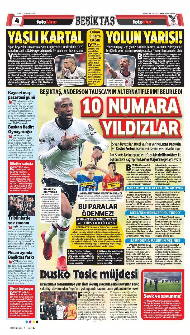 5 Mayıs 2018 | Gazetelerin Beşiktaş Manşetleri - Görsel 7