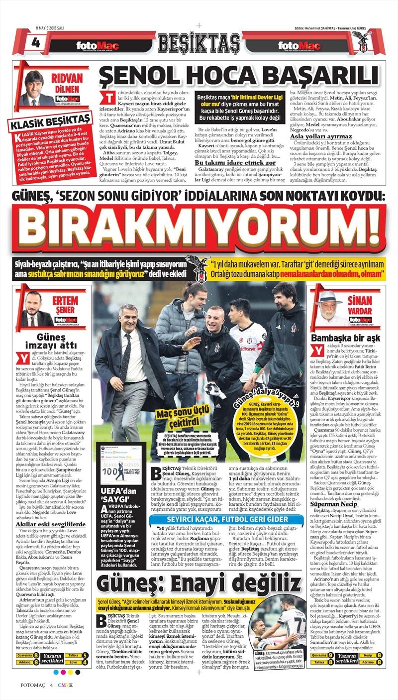 8 Mayıs 2018 | Gazetelerin Beşiktaş Manşetleri - Görsel 23