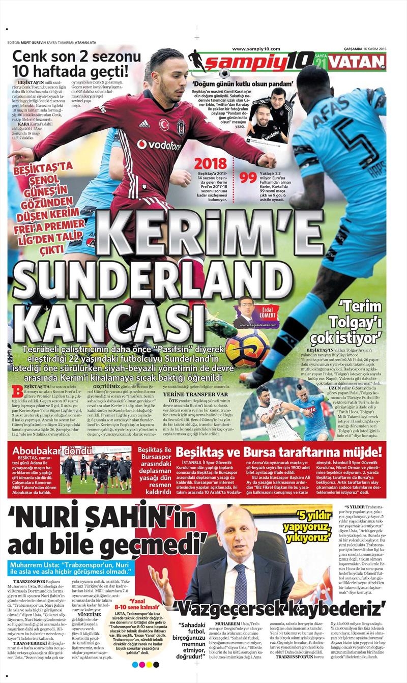 16 Kasım 2016 | Gazetelerin Beşiktaş sayfaları - Görsel 1