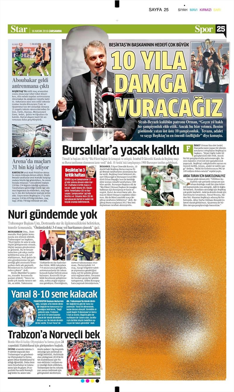 16 Kasım 2016 | Gazetelerin Beşiktaş sayfaları - Görsel 3