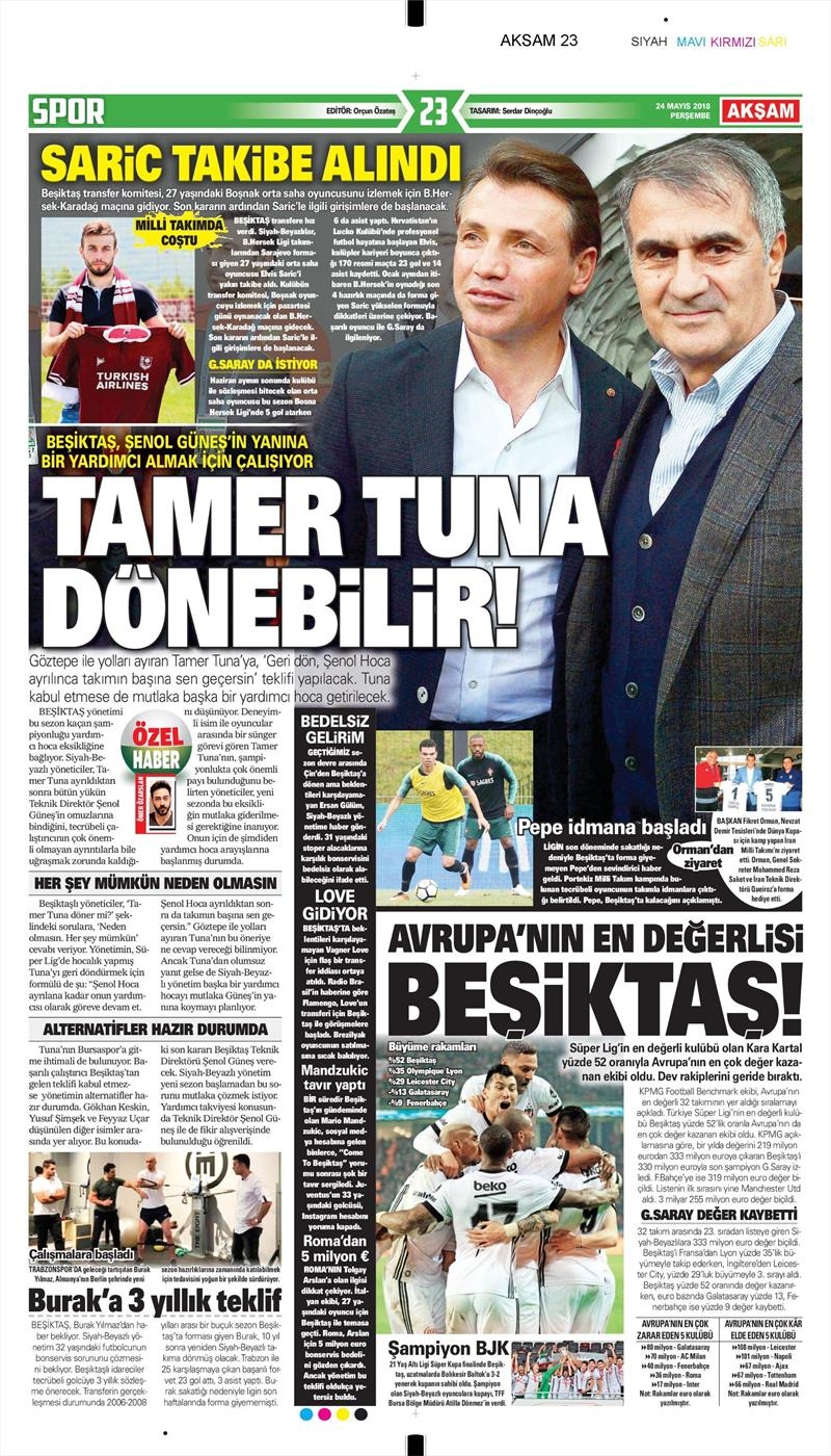 24 Mayıs 2018 | Gazetelerin Beşiktaş Manşetleri - Görsel 1