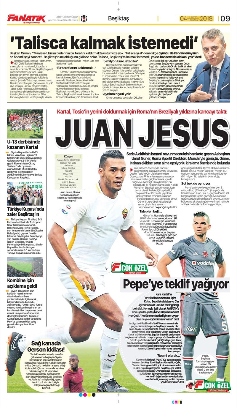 4 Haziran 2018 | Gazetelerin Beşiktaş Manşetleri - Görsel 1