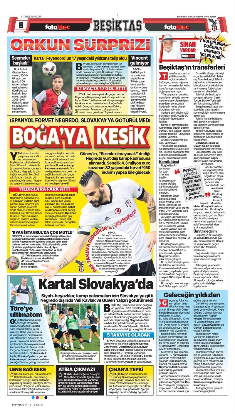 1 Temmuz 2018 | Gazetelerin Beşiktaş Manşetleri - Görsel 5