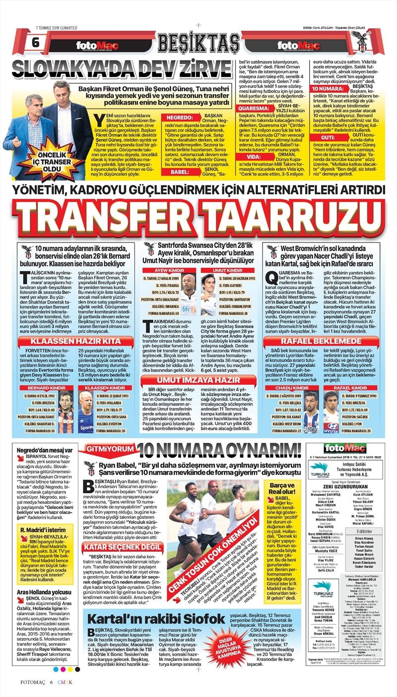 7 Temmuz 2018 | Gazetelerin Beşiktaş Manşetleri - Görsel 3