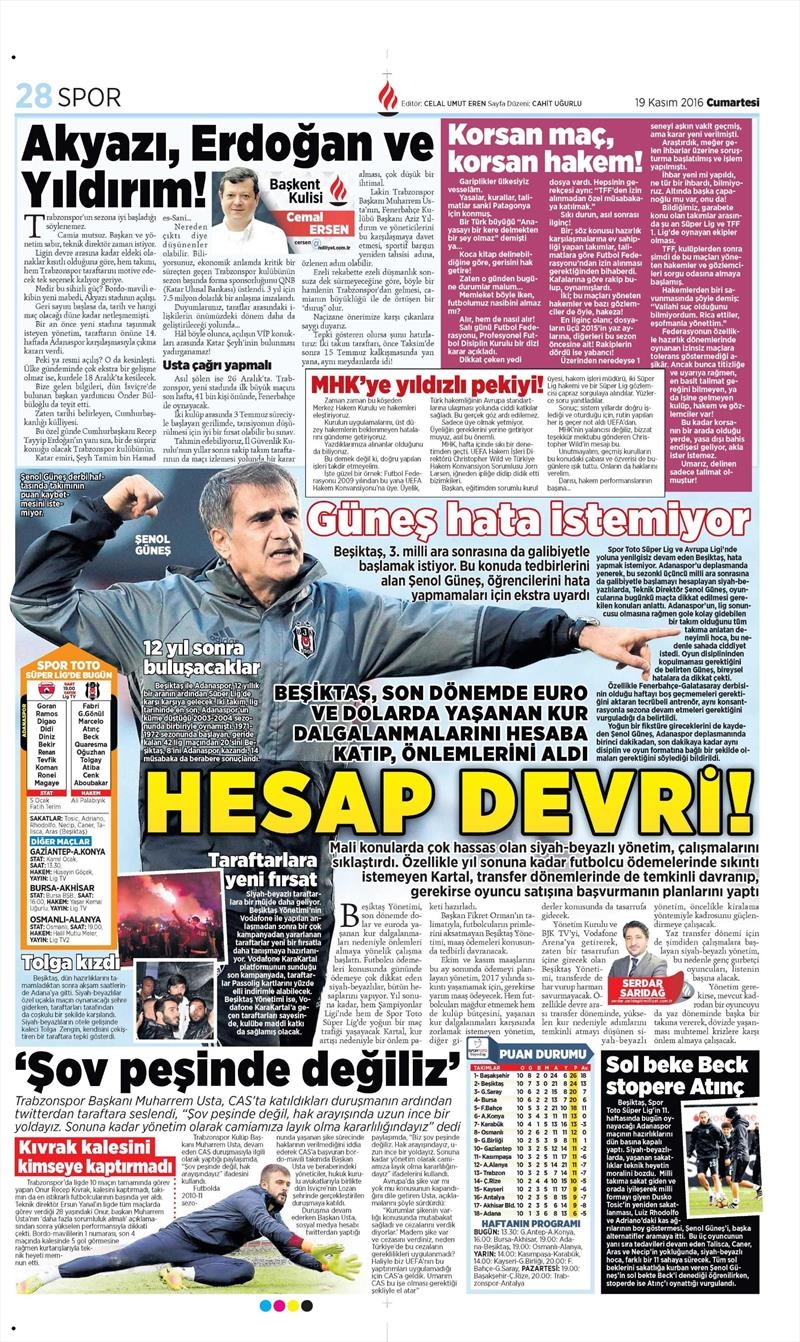 19 Kasım 2016 | Gazetelerin Beşiktaş sayfaları - Görsel 3
