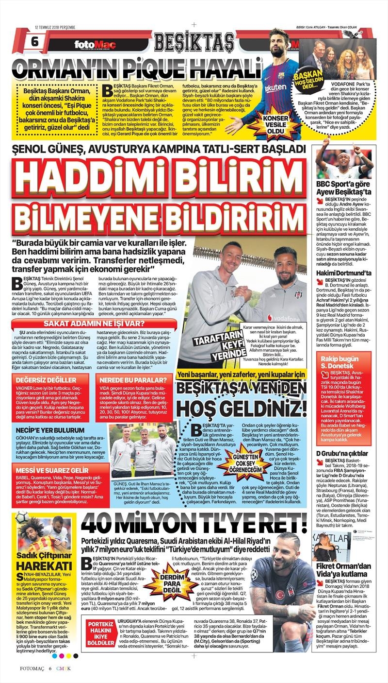 12 Temmuz 2018 | Gazetelerin Beşiktaş Manşetleri - Görsel 8