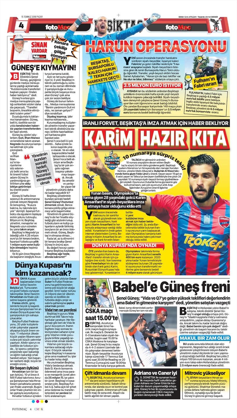 15 Temmuz 2018 | Gazetelerin Beşiktaş Manşetleri - Görsel 10