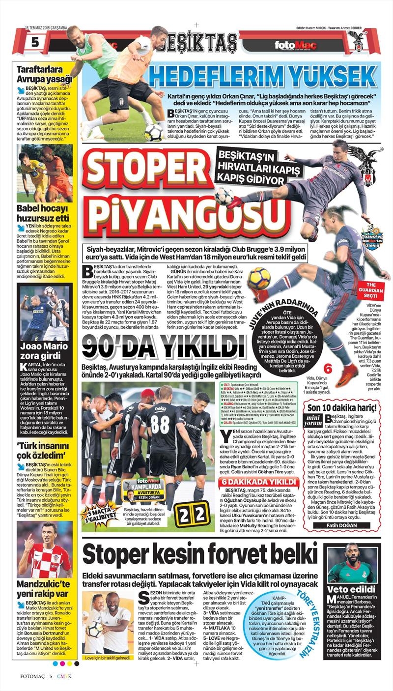 18 Temmuz 2018 | Gazetelerin Beşiktaş Manşetleri - Görsel 7
