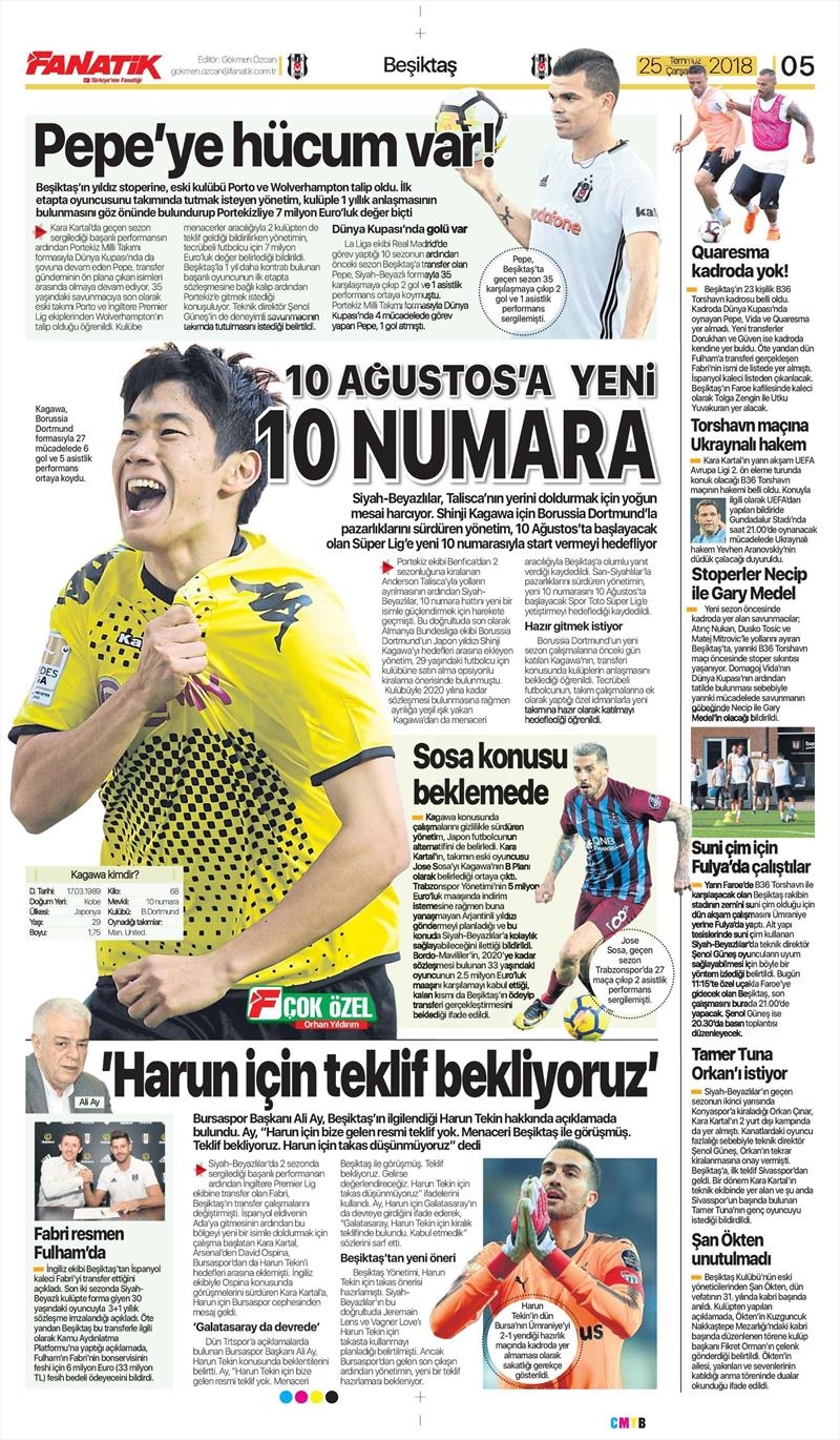 25 Temmuz 2018 | Gazetelerin Beşiktaş Manşetleri - Görsel 1