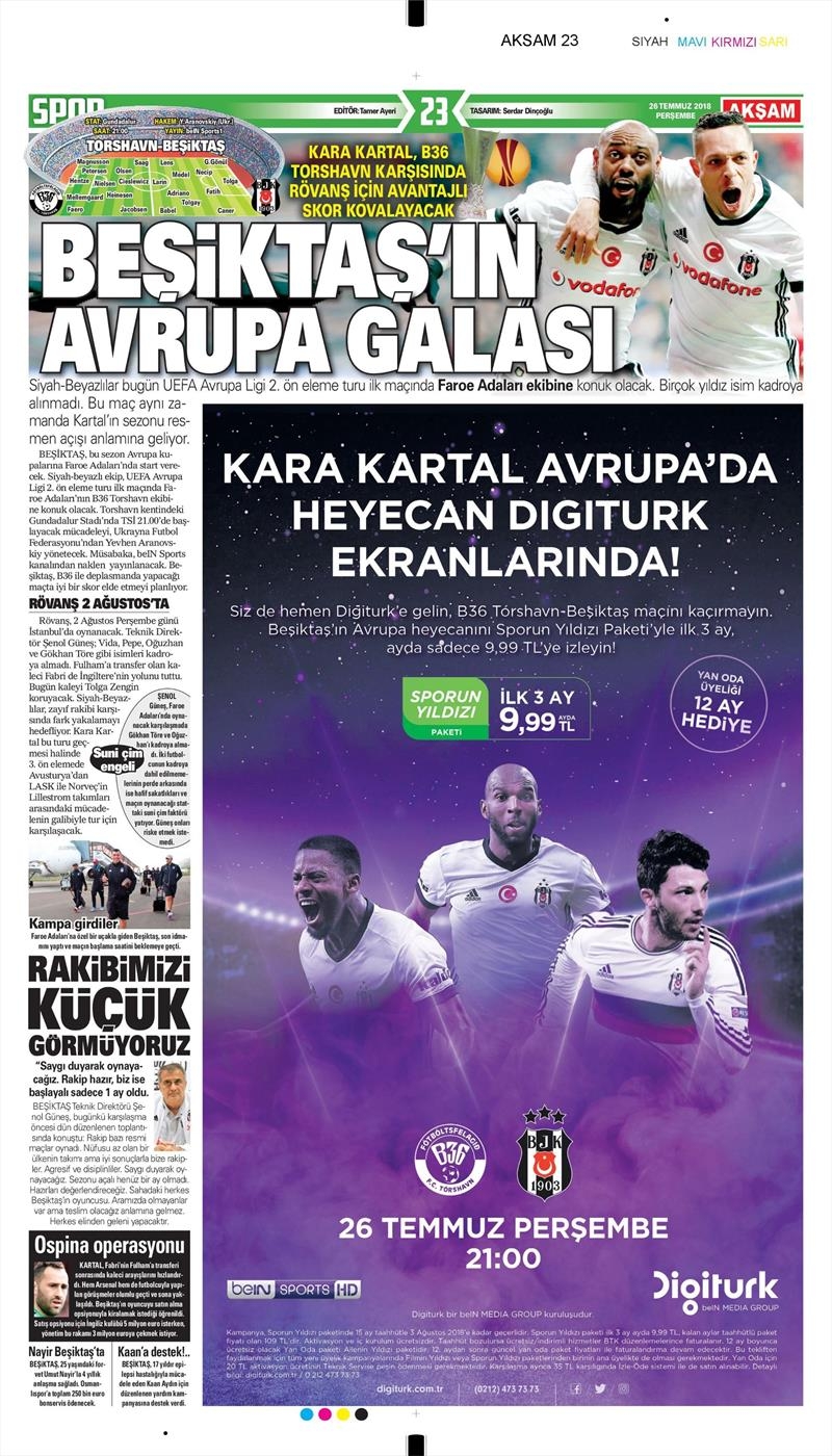 26 Temmuz 2018 | Gazetelerin Beşiktaş Manşetleri - Görsel 1